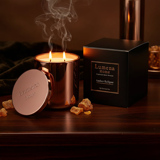 Lumena Home candle with packaging and amber gels on a wooden surface