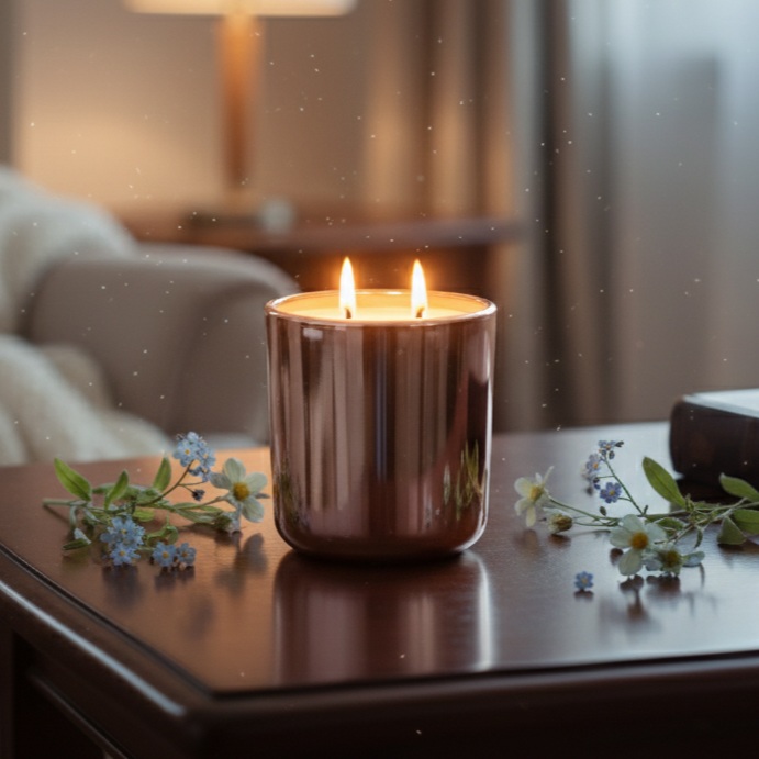 Candle on a table with a cozy living room background
