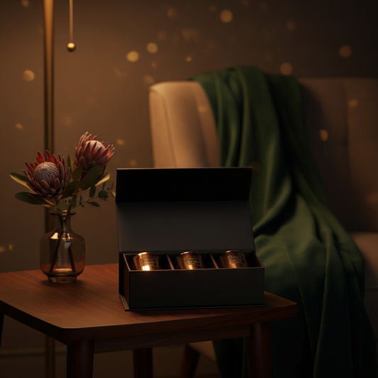 Dark box with candles on a wooden table in a dimly lit room.