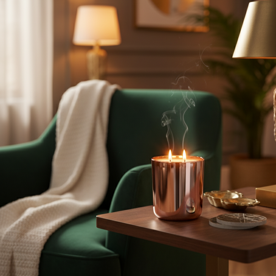 Candle in a copper holder on a wooden table next to a green armchair in a cozy room.