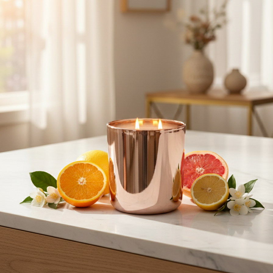 Rose gold candle on a table with citrus fruits and flowers in a bright room.