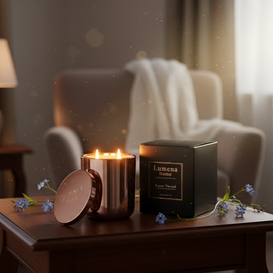 Candle and box on a table with a blurred background