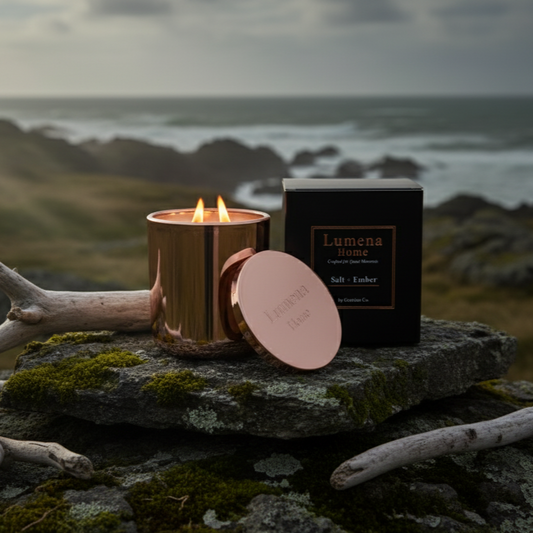 Candle and packaging on a rock with ocean view
