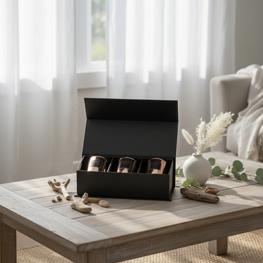 Black box with rose gold votive candles on a wooden table in a bright room with curtains.