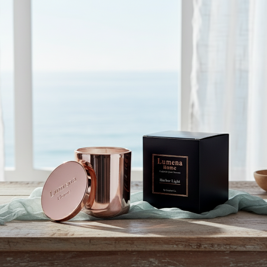 Rose gold candle and black box with 'Lumena Home' branding on a wooden surface with a window background.