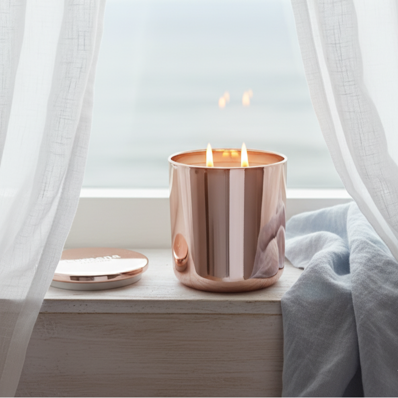 Rose gold candle in a metallic holder on a windowsill with white curtains.