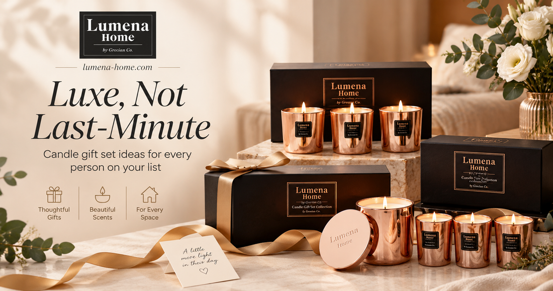Lumena Home luxury candle gift sets with rose-gold candles, elegant packaging, and thoughtful gifting accents.