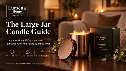 Lumena Home large jar candle guide featuring a glowing rose-gold candle, luxury black box, and tips for long, even burn.