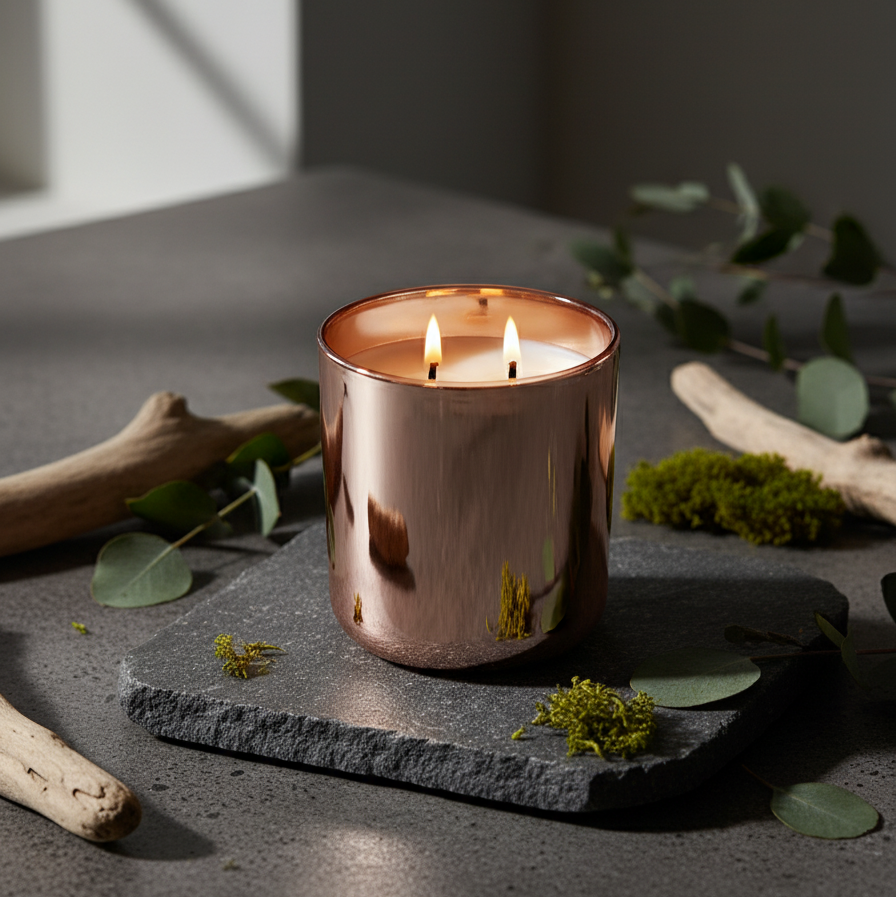 Rose gold candle in a glass holder on a dark surface with greenery