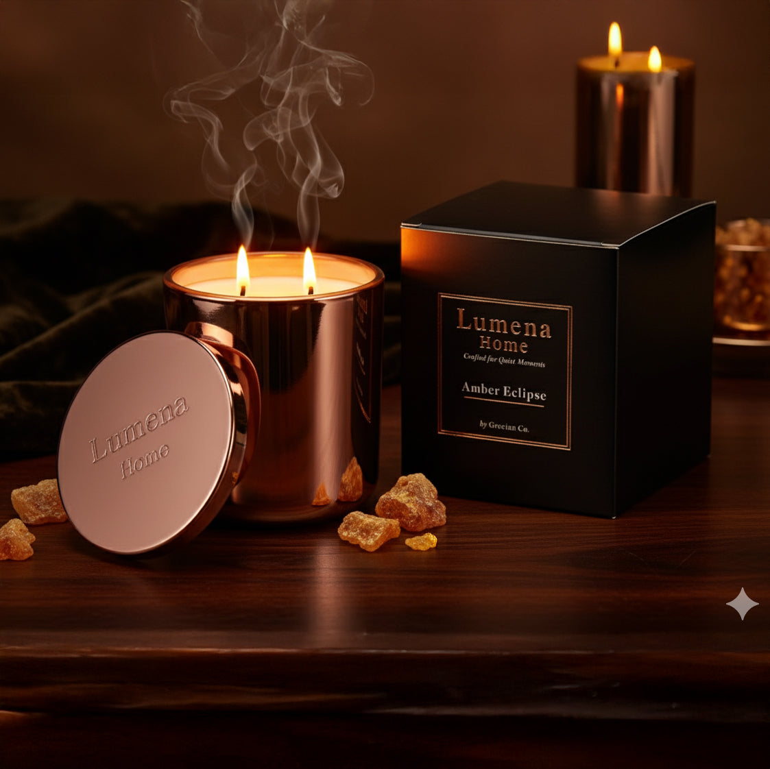 Lumena Home candle and packaging on a wooden surface with amber pieces.
