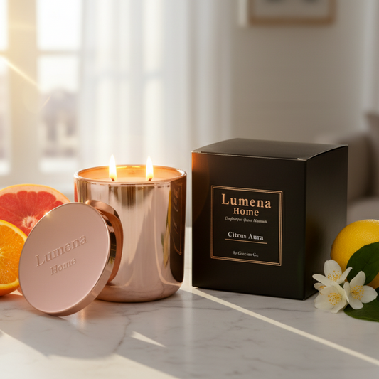 Lumena Home candle and packaging on a table with fruits and flowers