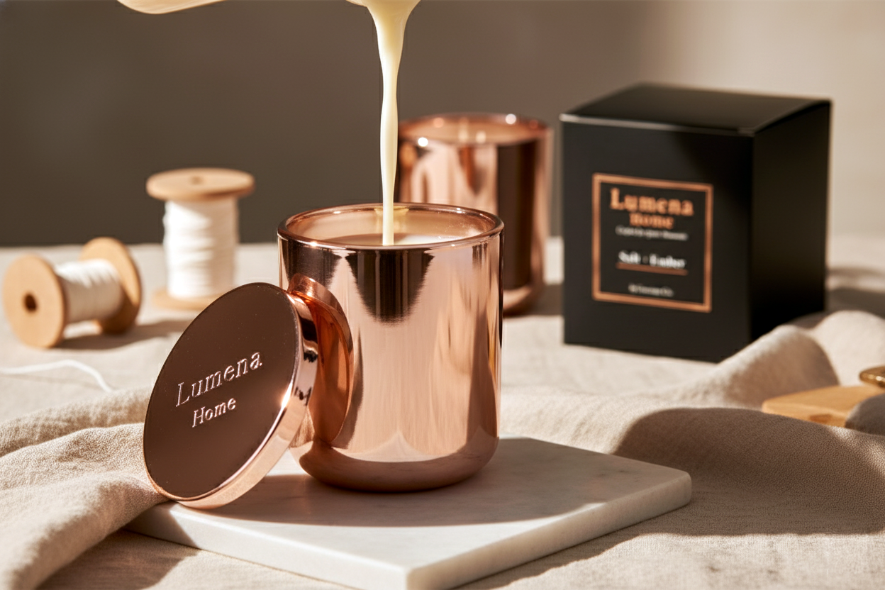 Rose gold candle being poured into a Lumena Home container with packaging in the background.