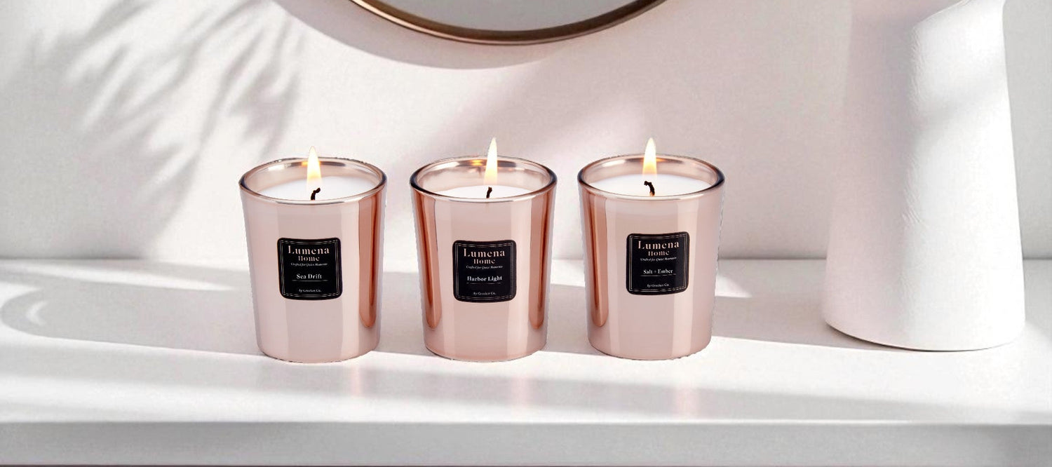 Three rose gold candles with black labels on a white surface, accompanied by a white vase with greenery and a round mirror.